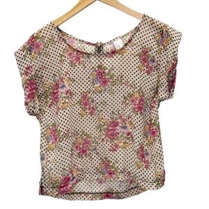 Audrey 3+1 Semi Sheer Polka Dot Floral Top Sz S